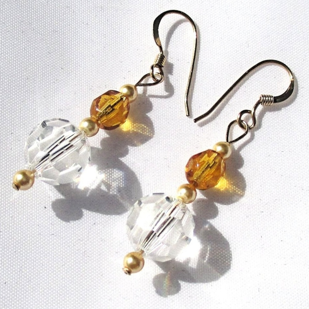 Crystal Pearl 14K Gold Plated Earrings Handmade - Picture 2 of 6